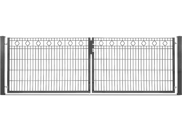 Zweiflügeliges Gartentor Barcelona mit Rautenornamenten in Anthrazit RAL 7016, Torhöhe 103 cm, Abbildung mit 328 cm lichter Weite