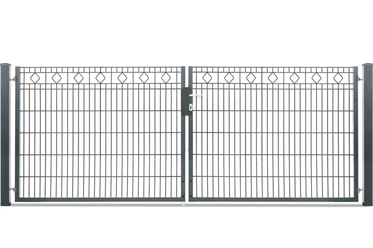 Zweiflügeliges Gartentor Barcelona mit Rautenornamenten in Anthrazit RAL 7016, Torhöhe 123 cm, Abbildung mit 328 cm lichter Weite