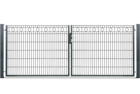 Zweiflügeliges Gartentor Barcelona mit Rautenornamenten in Anthrazit RAL 7016, Torhöhe 123 cm, Abbildung mit 328 cm lichter Weite