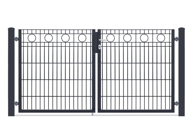 Zweiflügeliges Gartentor Rom mit Kreisornamenten in Anthrazit RAL 7016, lichte Weite 200 cm, Torhöhe 103 cm, freigestellt
