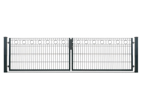 Zweiflügeliges Gartentor Rom mit Kreisornamenten in Anthrazit RAL 7016, lichte Weite 328 cm, Torhöhe 83 cm, freigestellt