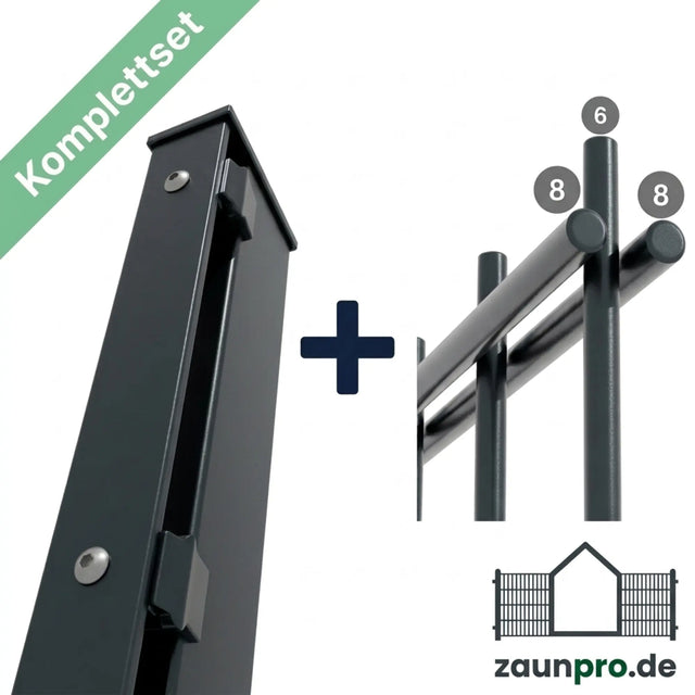 Komplettset Doppelstabmattenzaun 8/6/8 Anthrazit RAL 7016 – Zaunpfosten mit Abdeckleiste und Doppelstabmatten im Set