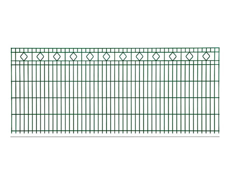Schmuckzaun Barcelona mit Rautenornamenten im oberen Feld in Moosgrün RAL 6005, freigestellt, Elementbreite 251 cm