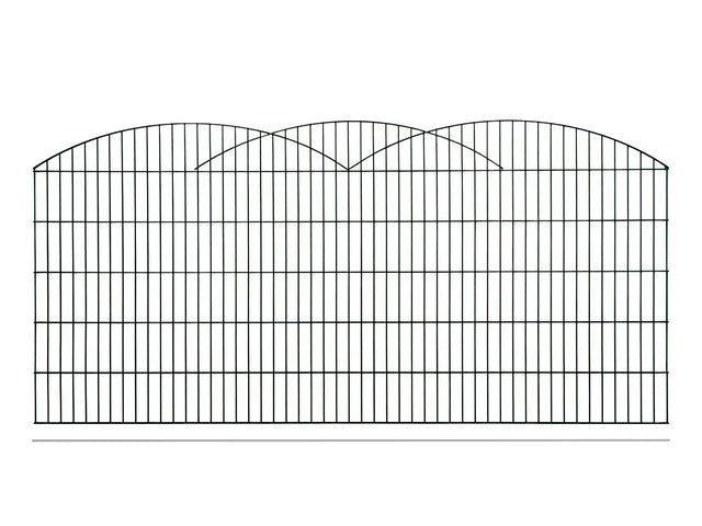 Schmuckzaun Innsbruck aus Metall mit drei ineinander übergehenden Bögen in Anthrazit RAL 7016, freigestellt, Elementbreite 251 cm