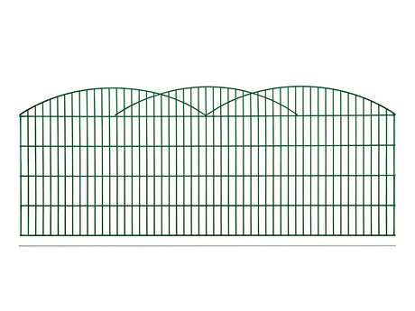 Schmuckzaun Innsbruck mit drei ineinander übergehenden Bögen in Moosgrün RAL 6005, freigestellt, Elementbreite 251 cm