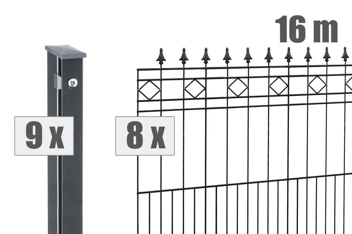 Lieferumfang Schmuckzaun Komplettset Rimini 16 m: 8 Zaunelemente und 9 Zaunpfosten in Anthrazit