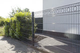 Schmuckzaun Rom in Anthrazit an einer Grundstücksgrenze mit Hecke