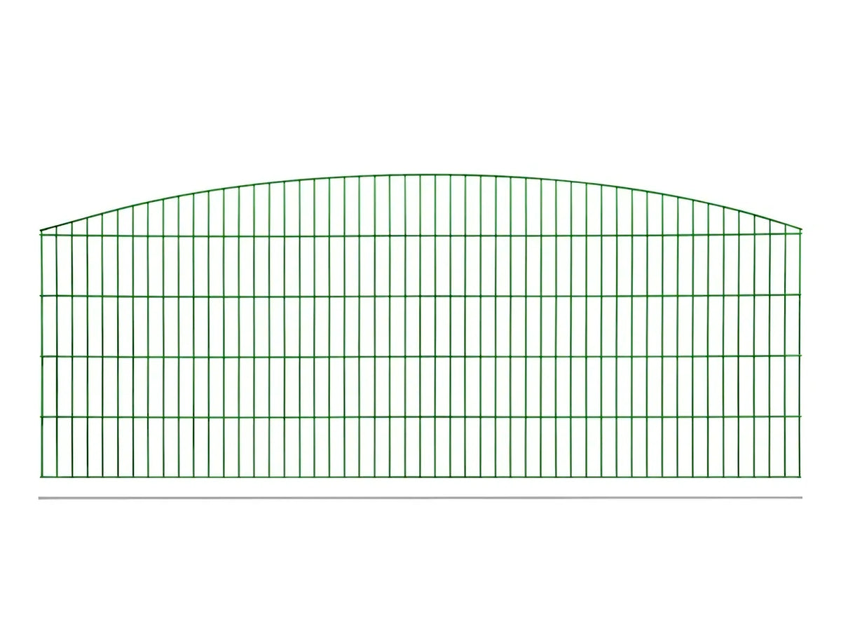 Schmuckzaun Sydney mit durchgehendem Oberbogen in Moosgrün RAL 6005, freigestellt, Elementbreite 251 cm
