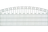 Schmuckzaun Wien aus Metall mit Oberbogen, Kreisornamenten und Zierkugeln in Anthrazit RAL 7016, freigestellt, Elementbreite 251 cm