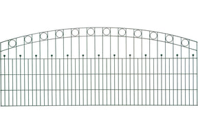 Schmuckzaun Wien aus Metall mit Oberbogen, Kreisornamenten und Zierkugeln in Anthrazit RAL 7016, freigestellt, Elementbreite 251 cm