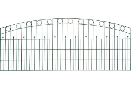 Schmuckzaun Wien aus Metall mit Oberbogen, Kreisornamenten und Zierkugeln in Anthrazit RAL 7016, freigestellt, Elementbreite 251 cm