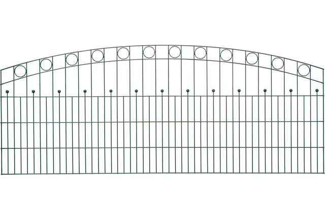 Schmuckzaun Wien aus Metall mit Oberbogen, Kreisornamenten und Zierkugeln in Anthrazit RAL 7016, freigestellt, Elementbreite 251 cm