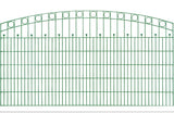 Schmuckzaun Wien mit Oberbogen, Kreisornamenten und Zierkugeln in Moosgrün RAL 6005, freigestellt, Elementbreite 251 cm