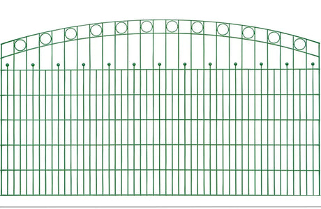 Schmuckzaun Wien mit Oberbogen, Kreisornamenten und Zierkugeln in Moosgrün RAL 6005, freigestellt, Elementbreite 251 cm