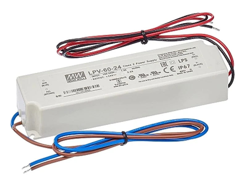Trafo 60 W, 24 V, mit offenen Anschlusskabeln für die LED-Zaunbeleuchtung