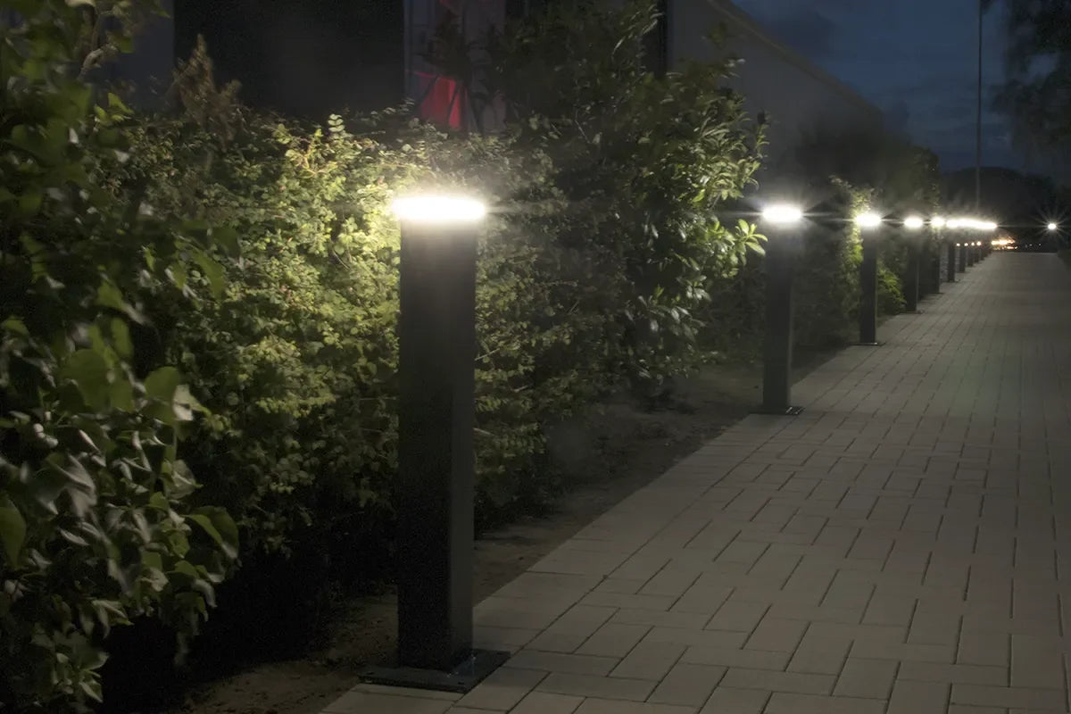 Per App gesteuerte LED-Pfostenkappen entlang eines Gartenwegs bei Nacht