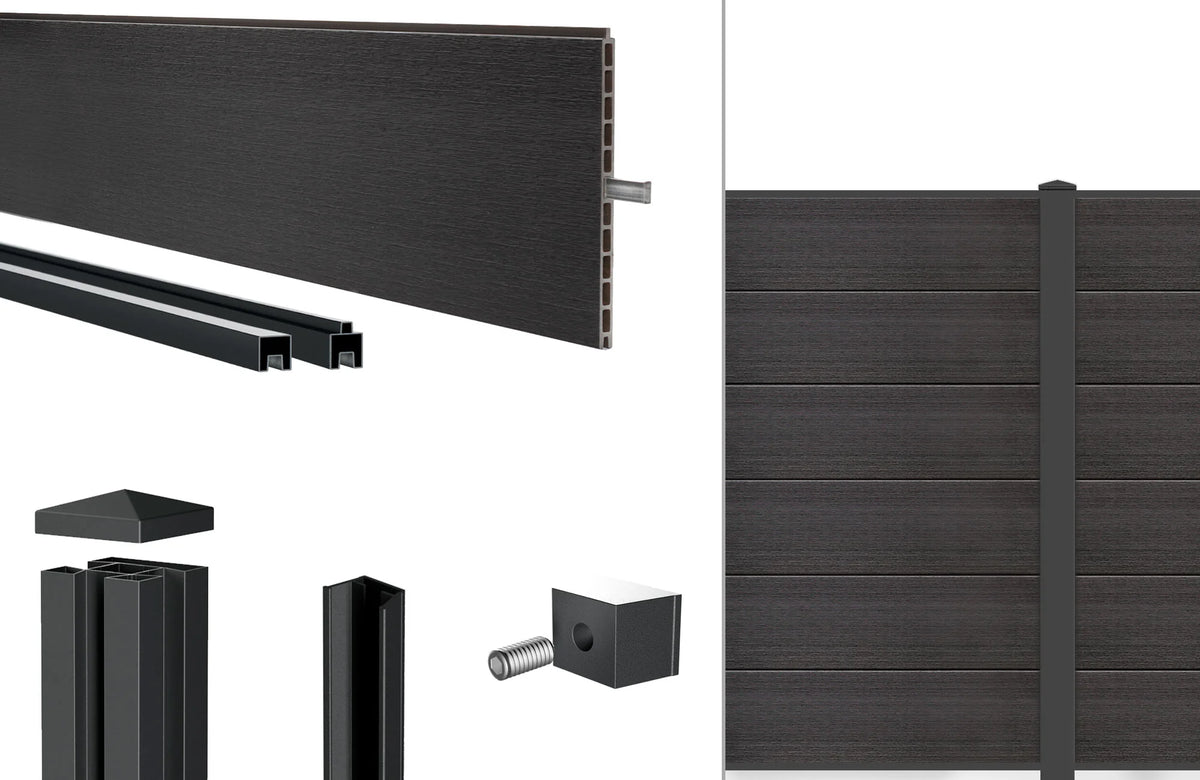 Lieferumfang WPC-Alu-Zaun comp-co 280: WPC-Steckprofile, Alu-Anfangs- und Endleiste, Alu-Pfosten 72/72 mm, Pfostenkappe und Nutensteine