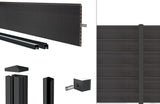 Lieferumfang WPC-Alu-Zaun comp-co 280: WPC-Steckprofile, Alu-Anfangs- und Endleiste, Alu-Pfosten 72/72 mm, Pfostenkappe und Nutensteine