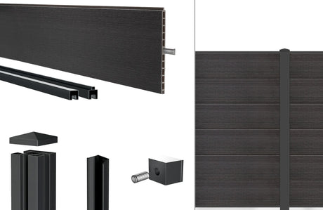 Lieferumfang WPC-Alu-Zaun comp-co 280: WPC-Steckprofile, Alu-Anfangs- und Endleiste, Alu-Pfosten 72/72 mm, Pfostenkappe und Nutensteine