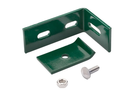 Zaunanschlusswinkel Moosgruen RAL 6005 Set mit Gegenplatte, Schraube und Mutter