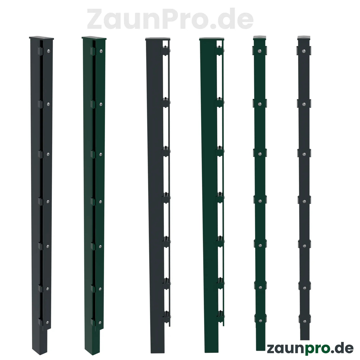 Zaunpfosten mit Abdeckleiste 40×60 mm – Vorder-, Rück- und Seitenansicht in Anthrazit RAL 7016 und Moosgrün RAL 6005
